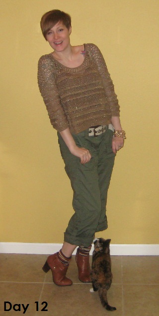 gold sweater and cargo pants