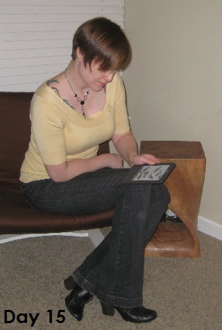 yellow top and gray jeans