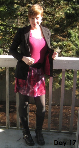pink tank and skirt, and black blazer