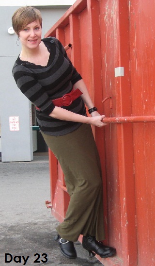 striped top and green skirt