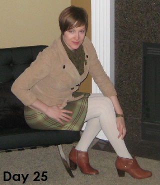 tan blazer and plaid skirt