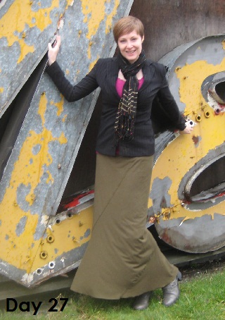 black blazer and olive skirt