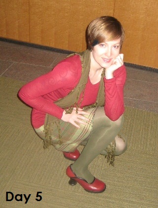 burgundy top and green skirt