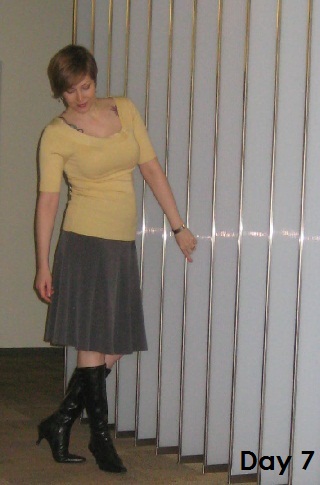 yellow top and gray skirt