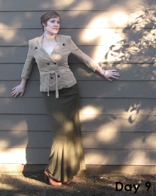tan blazer and olive skirt