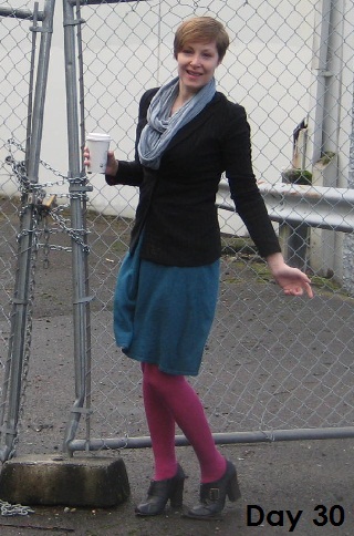 black blazer and blue dress