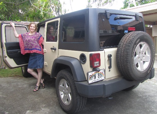 Jean in Timberlands, with Jeep