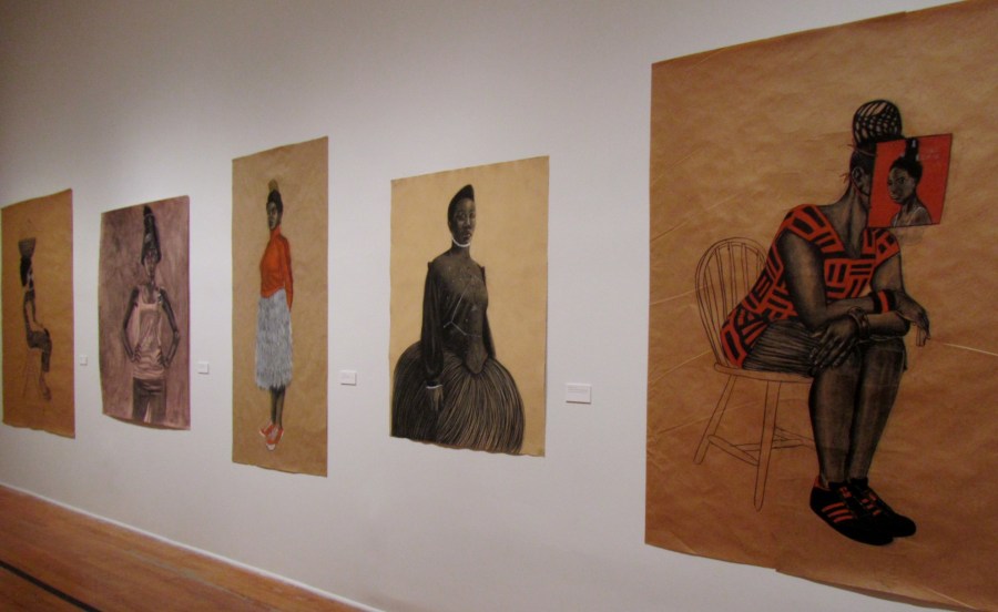 wall of Robert Pruitt's drawings