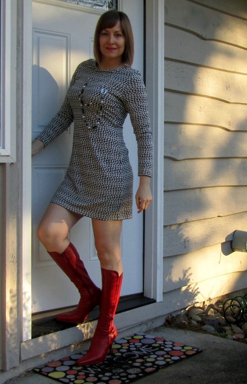 graphic dress and tall boots