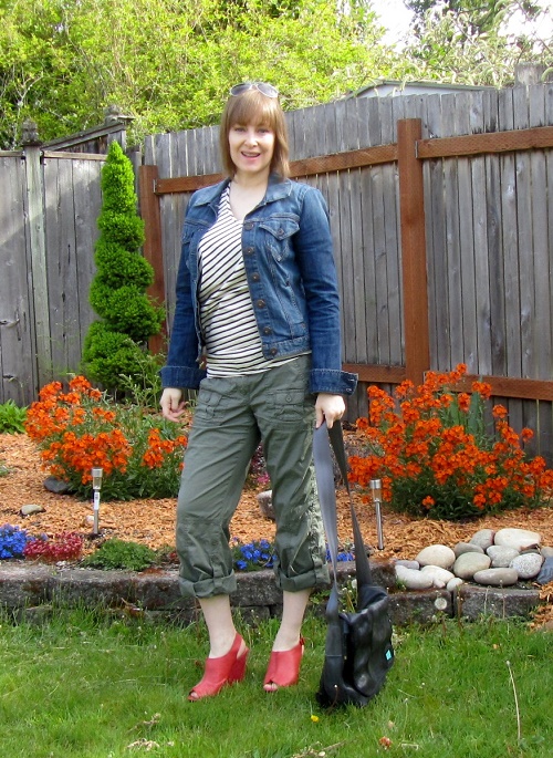 red wedges and denim