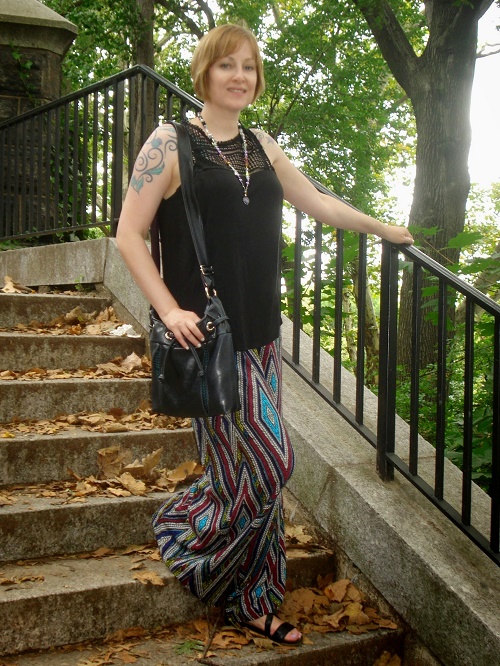 black top and palazzo pants