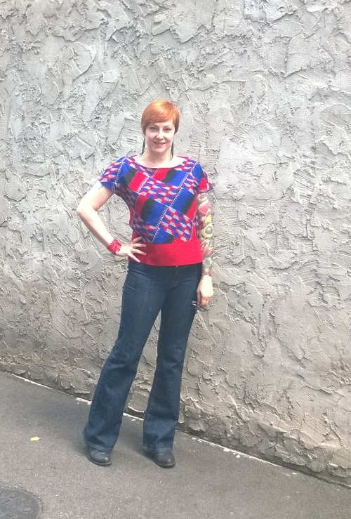 Red and blue look from Mayamiko